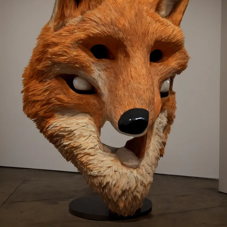 Prompt: hyperrealistic sculpture of a giant fox head on a pedestal by ron mueck and duane hanson and damien hirst, hyperrealistic dramatic lighting trending on artstation 8 k