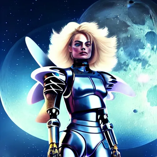 Image similar to margot robbie as a robot battle angel warrior fighting on the moon, scifi, nebula reflections, futuristic background, dreamy, long white hair, blue android eyes, glowing, 8 k high definition, insanely detailed, intricate, innocent, art by akihiko yoshida, antilous chao, li zixin, woo kim