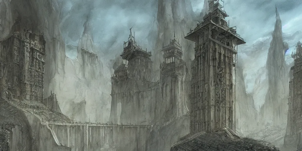 Prompt: Artwork by John Howe of the cinematic view of the Seventh Terrifying Prison.