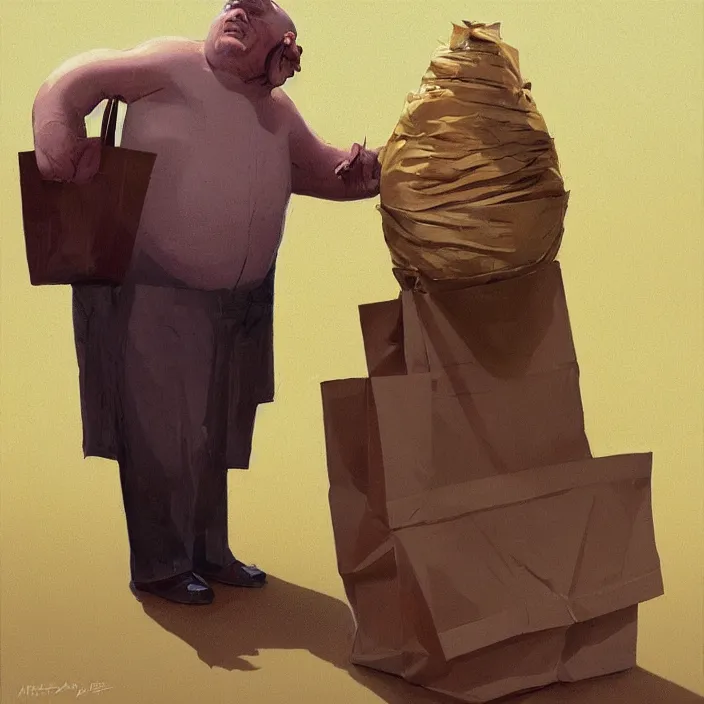 Image similar to melted old fat man portrait with a paper bag over the head, in paper bag clothing, holding a stack of paper bags, highly detailed, artstation, art by ian mcque, ilya kuvshinov, zdislav beksinski, wayne barlowe, edward hopper