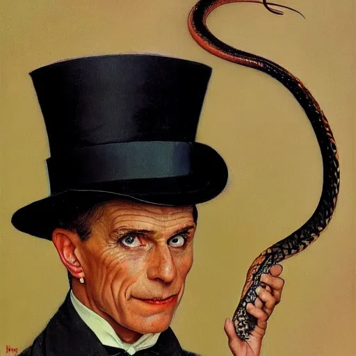 Prompt: portrait of a snake in a top hat, painting by Norman Rockwell, detailed, 4k