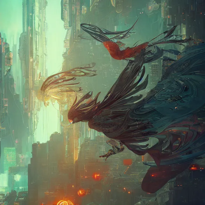 Image similar to concept art by victo ngai and lfons mucha, greg rutkowski, portrait of cyberpunk phoenix, dim lighting, detailed portraits, unreal engine 5, highly rendered,, digital painting, artstation, concept art, smooth, sharp foccus ilustration, detailed and intricate environment ， artstation hq