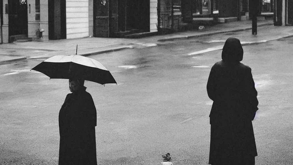 Image similar to “ a woman waiting on the corner holding an umbrella, photography by gregory crewdson ”