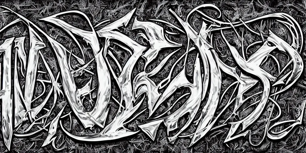 Prompt: the word subsume in death metal typeface, symmetrical, super detailed, chrome, shiny