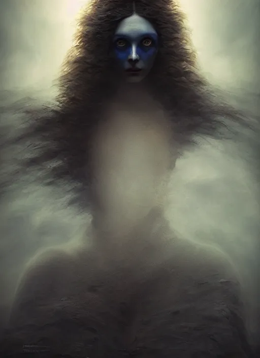 Image similar to Her huge ominous glowing blue eyes staring into my soul , perfect eyes, soft pale white skin, agostino arrivabene, Tomasz strzalkowski, twisted dark lucid dream, 8k portrait render, raven angel wings, swirling thick smoke , beautiful lighting, dark fantasy art, rococo, cgsociety