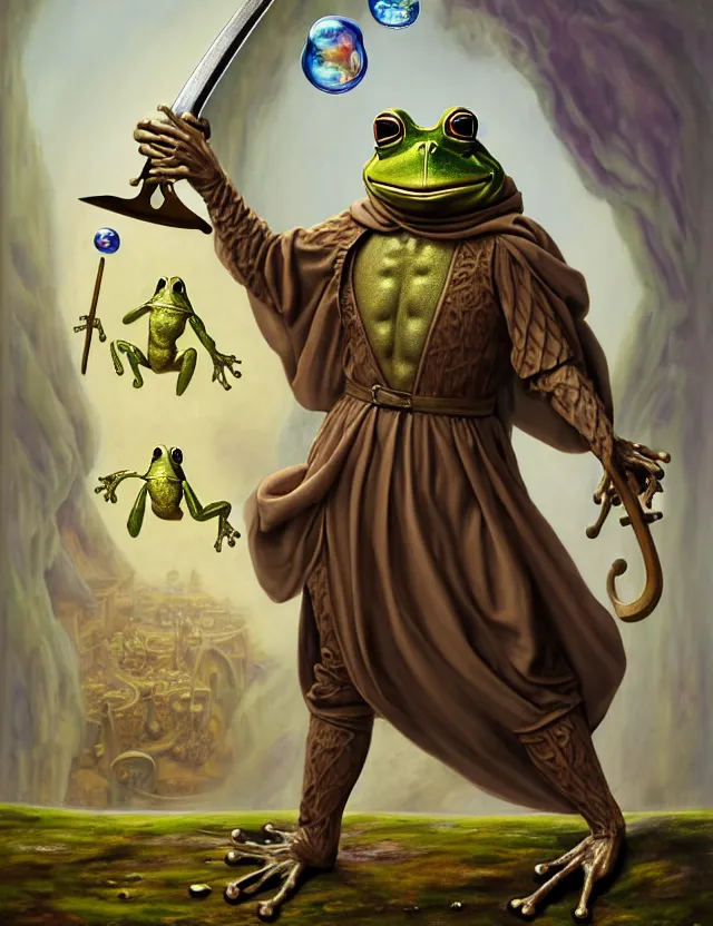 Prompt: anthropomorphic bipedal frog that is dressed as a renaissance monk, and holding a giant sword, as a matte oil painting and d & d character art, by alex grey, standing, fullbody, floating bubbles, mystic, fog, fractals, spirals, concept art, award - winning, extremely detailed, sharp focus