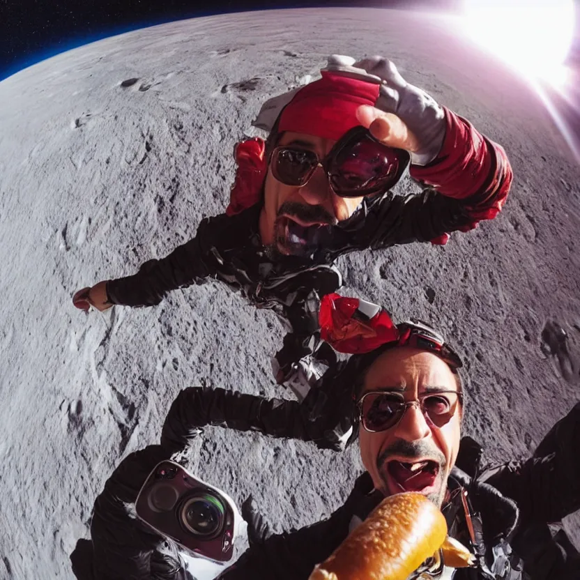 Image similar to robert downey jr eating a hot dog on the moon, dynamic lighting, gopro selfie with a fisheye lens