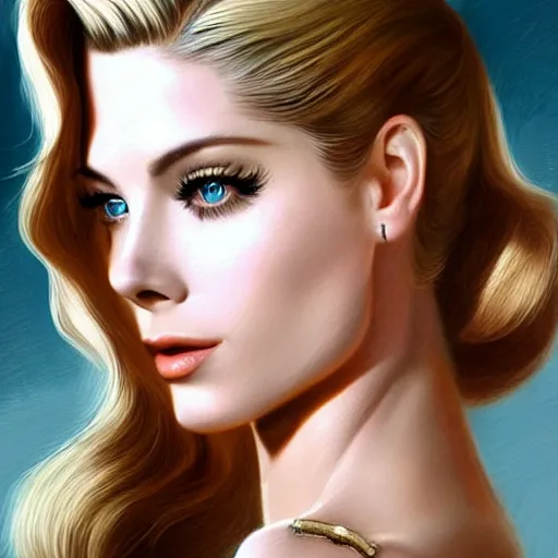 Image similar to A combination of Grace Kelly's and Katheryn Winnick's and Ashley Greene's faces with long eyelash makeup as Solid Snake from Metal Gear Solid, western, fantasy, intricate, elegant, highly detailed, digital painting, artstation, concept art, matte, sharp focus, illustration, half body portrait, art by Artgerm and Greg Rutkowski and Alphonse Mucha