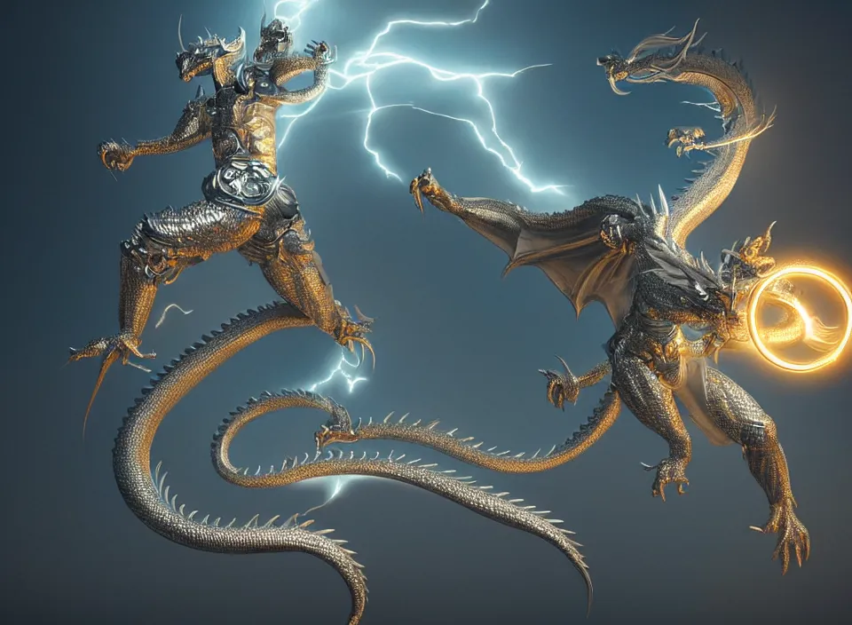 Image similar to a white - gold sacred dragon surrounded by lightning and holy light, aura of light, artificial intelligence, scifi, futuristic, highly detailed, trending on artstation, lee ji - eun, advanced technology, art by vitaly bulgarov and nivanh chanthara and lance wilkinson