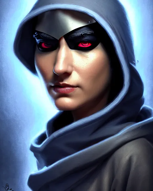 Image similar to ana from overwatch, blue hooded cloak, eye patch, blavk eye patch over one eye, older woman, character portrait, portrait, close up, highly detailed, intricate detail, amazing detail, sharp focus, vintage fantasy art, vintage sci - fi art, radiant light, caustics, by boris vallejo