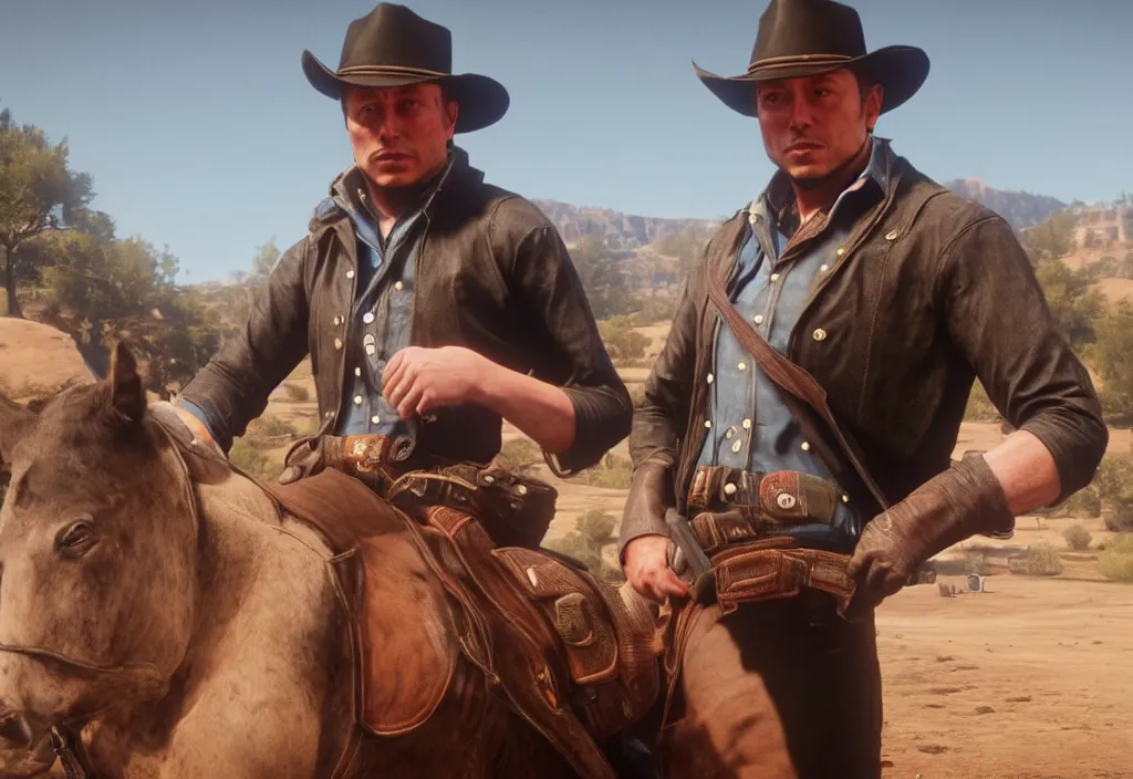 Image similar to elon musk in the red dead redemption 2, elon musk in the video game red dead redemption 2, gameplay screenshot, close up, 3 d rendering. unreal engine. amazing likeness. very detailed.