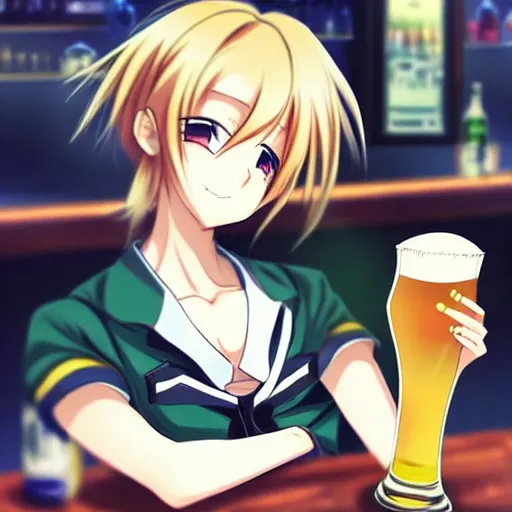 Image similar to Wholesome and masculine looking anime girl at a bar drinking a beer, warm glow from the lights, angle that looks up at her from below, deviantart, pixiv, detailed face, smug appearance, beautiful anime, detailed anime eyes with pupils, in the style of 90s anime, heavy focus on 90s and early 2000s style of anime, Sailor Moon style