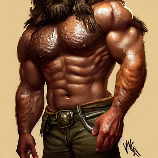 Image similar to portrait of a rugged ranger, muscular, upper body, hairy torso, detailed detailed detailed hands hands hands hands, D&D, fantasy, bare bare bare bare thighs thighs thighs intricate, elegant, highly detailed, digital painting, artstation, concept art, smooth, sharp focus, illustration, art by wlop