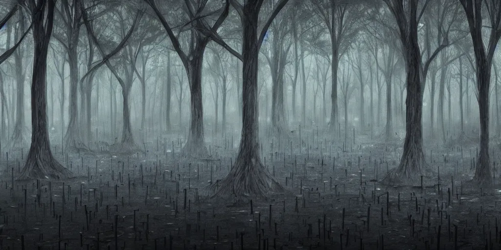 Image similar to a forest of weeping ghosts, carnival, playground, sad, dark, melancholy, night, rain, extremely, wide angle, super highly detailed, professional digital painting, artstation, concept art, smooth, sharp focus, no blur, no dof, extreme illustration, Unreal Engine 5, Photorealism, HD quality, 8k resolution, cinema 4d, 3D, beautiful, cinematic, art by artgerm and greg rutkowski and alphonse mucha and loish and WLOP