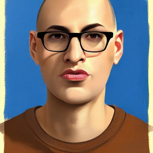 Prompt: 50 year old brunette man with very short hair, buzz cut, round round round face round face round face, square face, round jaw, big chin , romanian, glasses, romanian heritage, brown eyes, olive skin, round nose, round chin, clean shaven wide face, thin lips, digital art, painterly, painting, 8k, illustration, art by loish, painterly, trending on artstation, medium shot, uncropped