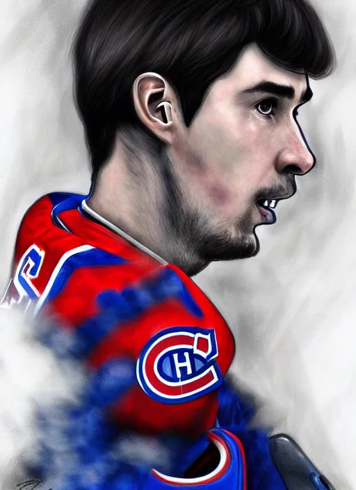 Prompt: habs carey price goalie, fog bionic vogue, james jean, trending on artstation