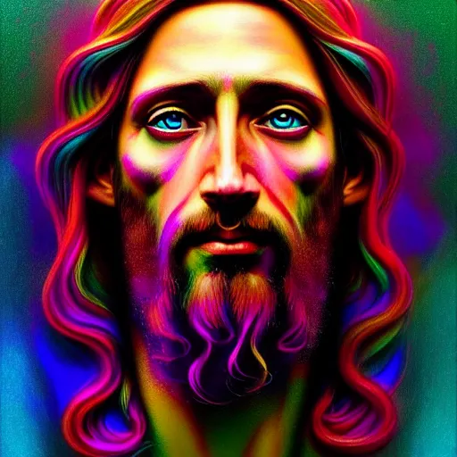 Prompt: An extremely psychedelic portrait of Jesus, surreal, LSD, face, detailed, intricate, elegant, lithe, highly detailed, digital painting, magical, Occult, artstation, concept art, smooth, sharp focus, illustration