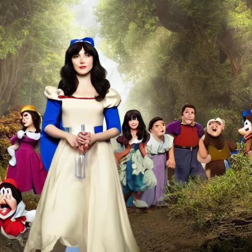 Image similar to zooey channel as snow white with the seven dwarfs, uhd, photorealism, realistic, wide shot, full shot,