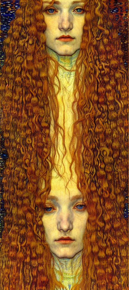 Image similar to detailed realistic beautiful young medieval queen face portrait by jean delville, gustav klimt and vincent van gogh, art nouveau, symbolist, visionary, gothic, pre - raphaelite, muted earthy colors, desaturated