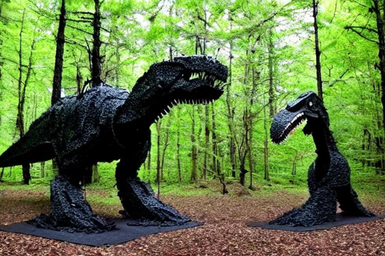 Image similar to mossy recycled tire sculpture of a tyrannosaurus in the forest