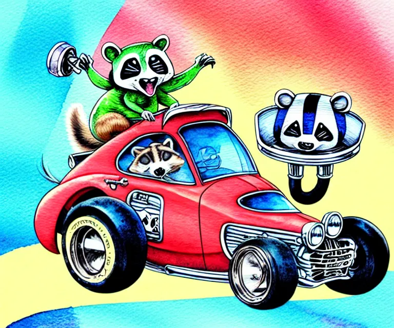 Image similar to cute and funny, racoon wearing a helmet riding in a tiny hot rod coupe with oversized engine, ratfink style by ed roth, centered award winning watercolor pen illustration, isometric illustration by chihiro iwasaki, edited by range murata