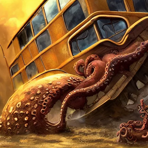 Prompt: ancient octopus monster devouring a school bus, crushing a school bus, highly detailed, 8 k, trending on artstation, award - winning art,