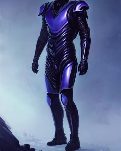 Image similar to character concept of iridescent sinewy smooth muscular male sleek glossy indigo black pearlescent onyx scifi armor with smooth black featureless tron helmet, by greg rutkowski, mark brookes, jim burns, tom bagshaw, magali villeneuve, trending on artstation