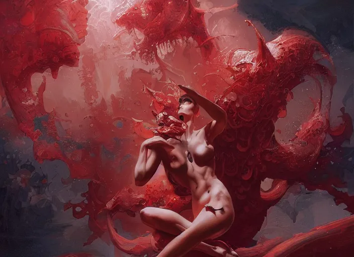 Image similar to woman loves sit upon a scarlet coloured beast, pain, light effect, hyper detailed, intricate, elegant, highly detailed, digital painting, artstation, concept art, matte, sharp focus, illustration, by peter mohrbacher, hajime sorayama, wayne barlowe, boris vallejo, aaron horkey, gaston bussiere, craig mullins