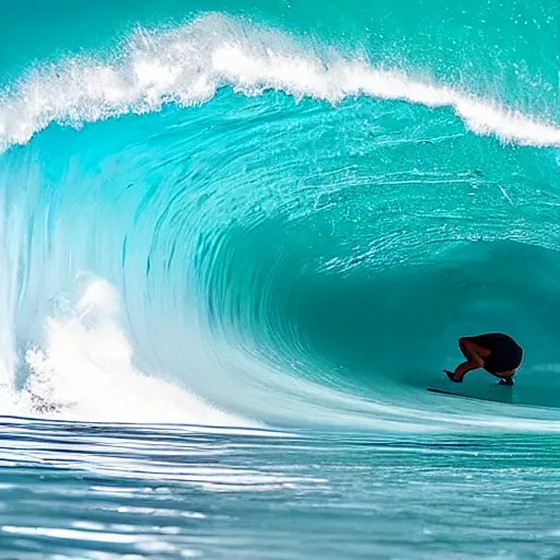 Prompt: a tunnel wave at teahupo'o with a very old woman dropping in an an ironing board