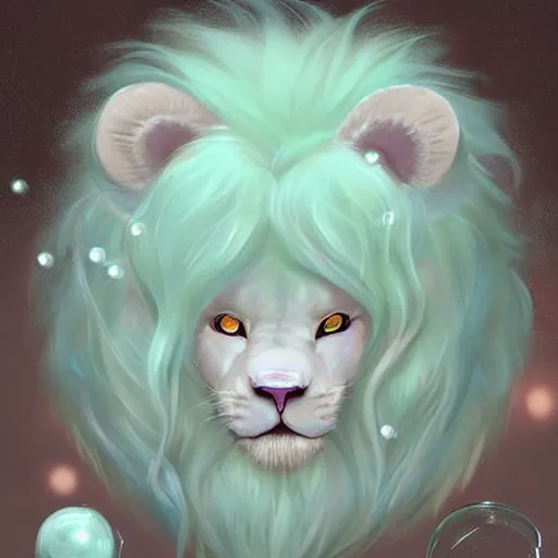 Image similar to aesthetic portrait commission of a albino male furry anthro lion surrounded by glistening floating bubbles while wearing a cute mint colored cozy soft pastel winter outfit, winter Atmosphere. Character design by charlie bowater, ross tran, artgerm, and makoto shinkai, detailed, inked, western comic book art, 2021 award winning painting