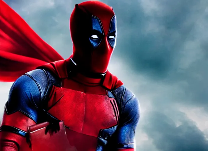 Image similar to film still of deadpool as superman in the new superman movie, 4 k, highly detailed face, detailed eyes