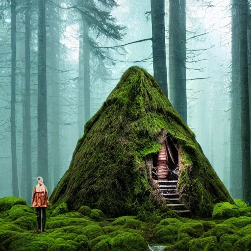 Image similar to A forest full of trees and moss, the scene contains a singular hut with a strange figure standing nearby, Photography, dark, intricate cube, Bleda, Elsa