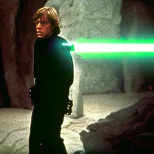 Image similar to A still of Luke Skywalker holding his green lightsaber and looking concerned from Star Wars, 1990, Directed by Steven Spielberg, 35mm