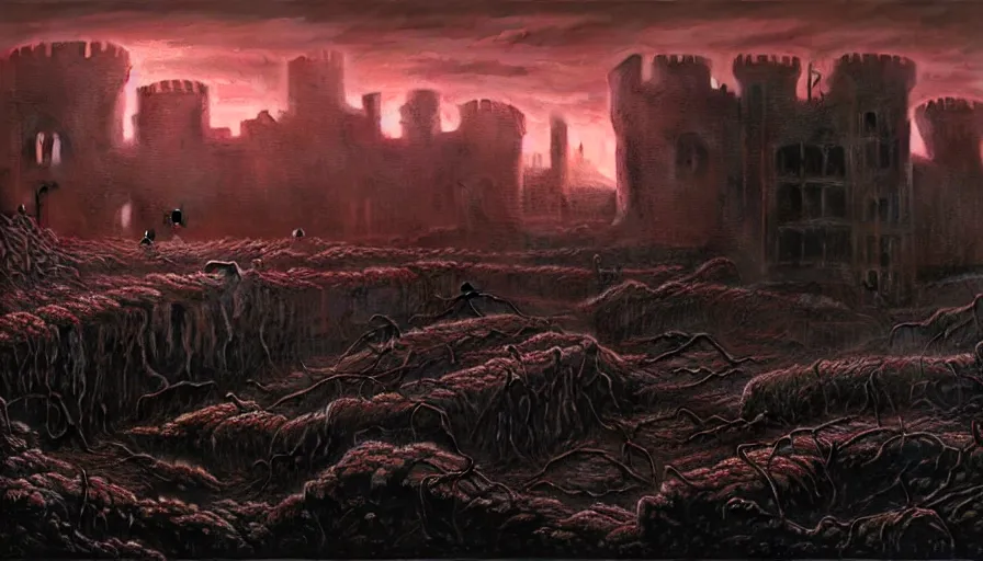 Prompt: death field, a destroyed castle in the distance, rotting, fine details, blood, digital art, volumetric lighting, cinematic light, photorealistic, by dan mumford and zdzisław beksinski, by giger, by caravaggio, 4 k,