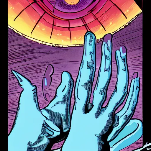 Prompt: Hand of the primordial darkness reaching into the universe from outside. Comic Illustration