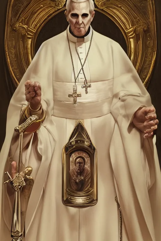 Image similar to portrait of an evil pope in ceremonial robes plotting against humanity, ghost, Papa Emeritus, highly detailed, digital painting, artstation, concept art, sharp focus, illustration, art by artgerm and greg rutkowski and alphonse mucha