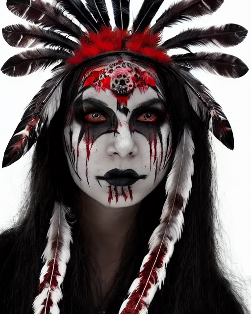 Image similar to lady native sisters ghost - spirit of the grim - warpaint wears the scarlet skull armor and native blood headdress feathers, midnight fog - mist!, cinematic lighting, various refining methods, micro macro autofocus, ultra definition, award winning photo, photograph by ghostwave - gammell - giger - shadowlord