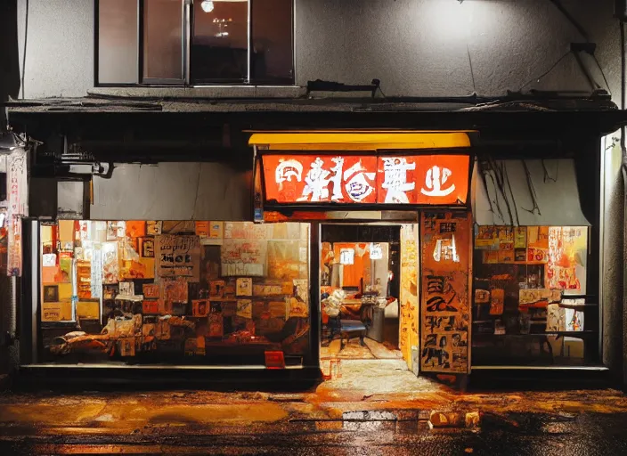 Image similar to exterior of an open cyberpunk ramen place during a rainy night in the style of salvadore dali