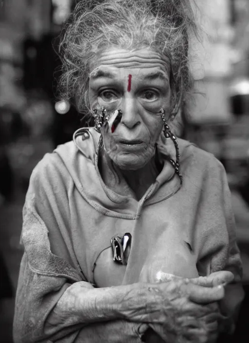 Image similar to strange ugly tough looking woman with piercings walking down the street in New York. older person, sweat suit, crackhead, somebodys grandma probably, award winning photography, high detail, photography by Annie Leibovitz, Ansel Adams, Mary Ellen Mark