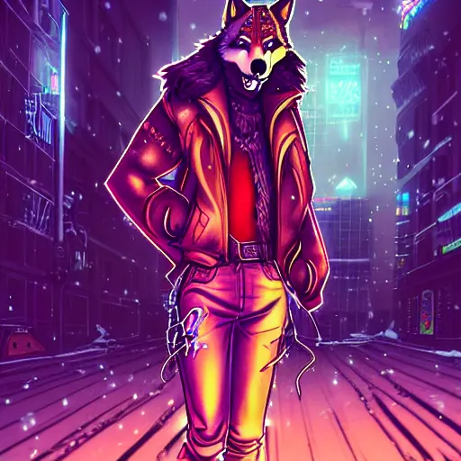 Image similar to beautiful furry art portrait commission of a furry anthro wolf fursona wearing punk clothes in the streets of a cyberpunk city at night in the snow. neon signs. character design by charlie bowater, ross tran, rick griffin, miles df, detailed, inked, western comic book art