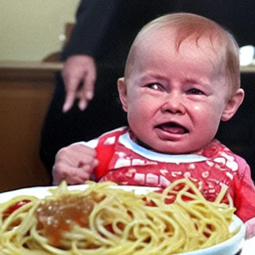 Image similar to Photo of Putin as a fussy crying baby in a high chair tangled up in spaghettis and red sauce