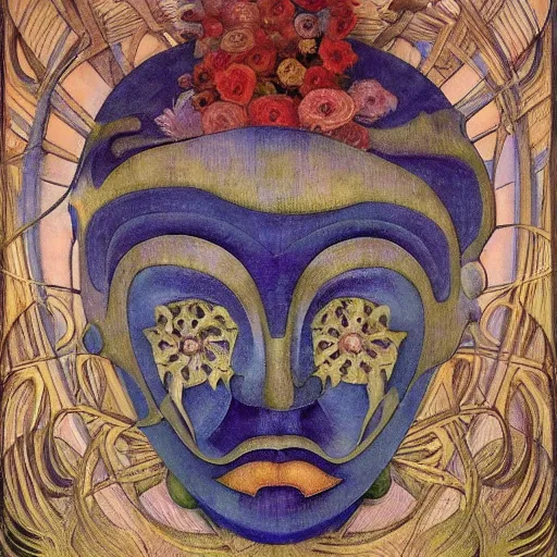 Prompt: facemask made of flowers, by annie swynnerton and jean delville and edward hopper and evelyn de morgan and rufino tamayo and diego rivera, art deco flower shaman, art brut, outsider art, symbolist, dramatic lighting, god rays, elaborate geometric ornament, clean crisp graphics, smooth sharp focus, extremely detailed, adolf wolfli