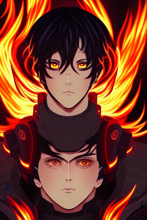 Image similar to a detailed manga portrait illustration of a dark haired cyborg anime man surrounded by fire, detailed artwork, realism, 4 k resolution, detailed, high quality, sharp focus, hq artwork, insane detail, volumetric lighting, character concept art, fine details, clear subject, central subject