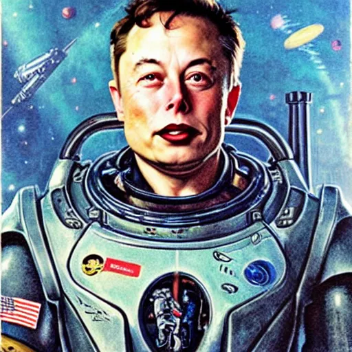 Image similar to elon musk as a space marine, by norman rockwell,