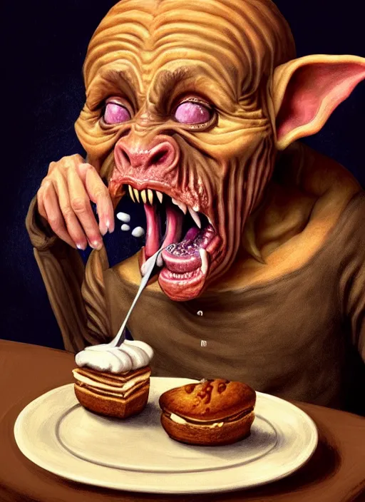 Image similar to portrait of a medieval goblin eating cakes in the cloisters beautiful face hyper realistic highly detailed digital painting artstation illustration co