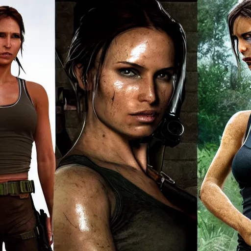 Image similar to lara croft, muddy face, examine diamond in awe, an film still, photorealistic