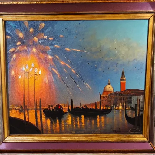 Image similar to an oil painting of couple kissing, in a background fireworks in venice