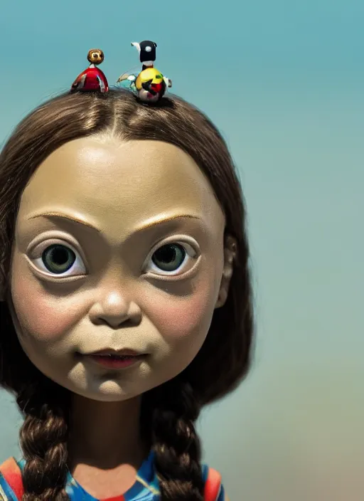 Image similar to closeup profile portrait of tin toy greta thunberg wearing a bikini, depth of field, zeiss lens, detailed, symmetrical, centered, fashion photoshoot, by nicoletta ceccoli, mark ryden, lostfish, breathtaking, 8 k resolution, extremely detailed, beautiful, establishing shot, artistic, hyperrealistic, octane render