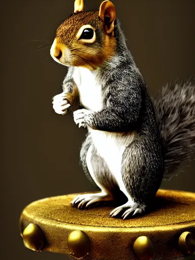 Prompt: a squirrel as king arthur, extremely plump, wearing crown of acorns and dandelions, servant squirrels, king arthur's court, game of thrones, sitting on throne, low angle, palace, fantasy art, cinematic lighting, realistic, sony 2 4 mm f 4. 0