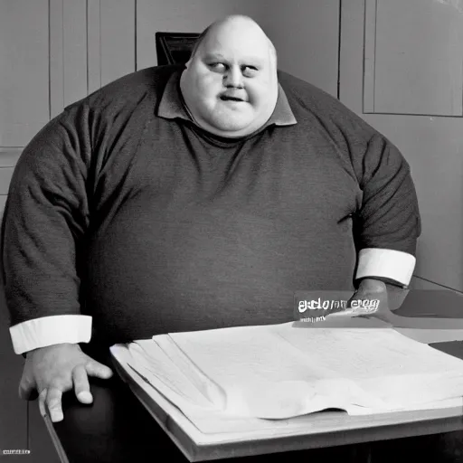 Image similar to portrait photo of old, fat spiderman working at a desk